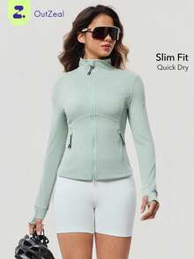 OutZeal Giacca sportiva da donna, colore unito, per allenamento, palestra, yoga, asciugatura rapida, aderente, con collo alto, chiusura lampo, top attivo, adatta per estate e primavera - Verde - Visualizzare 1