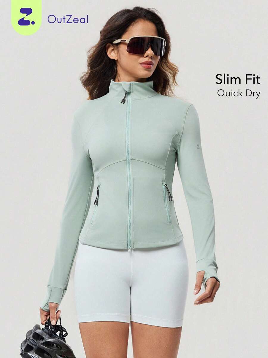 OutZeal Giacca sportiva da donna, colore unito, per allenamento, palestra, yoga, asciugatura rapida, aderente, con collo alto, chiusura lampo, top attivo, adatta per estate e primavera - Verde - Visualizzare 1