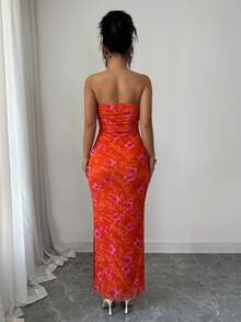 Rafferiza Women's Elegant Ruched Tie Dye Mesh Print Waist Cinching Strapless Party Split Dress - Orange - View 2