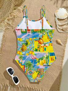 Baddräkt med tropiskt tryck för tweenflickor, elastiskt vävt tyg, tropiskt tryck, bad på stranden - Vitt - Visa 2