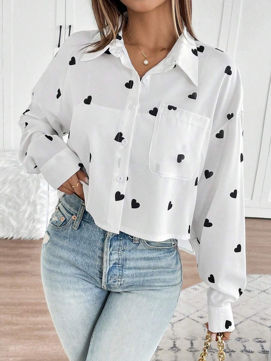 Rafferiza Petite 女士爱心印花落肩长袖单排扣口袋休闲衬衫 - 白色 - 查看 1
