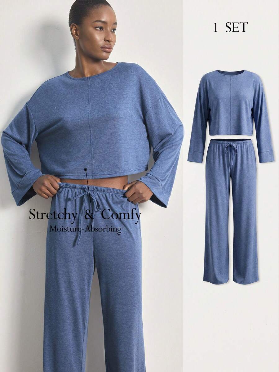 Ocili 2件套舒适柔软竹纤维针织圆领长袖上衣和裤子女士睡衣套装，夏季 - 藏蓝色 - 查看 1