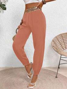 EMERY ROSE Women's Casual Vacation Style Metal Waist Slant Pocket Drawstring Pants - Orange - View 5