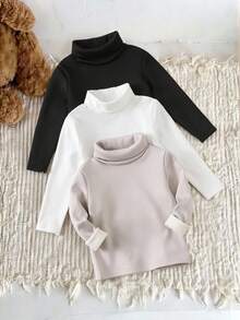 SHEIN 3 件套婴儿男童/女童休闲弹力舒适高领打底衫，保暖内衬，柔软，纯色，百搭秋冬 - 彩色 - 查看 1