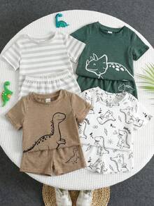 SHEIN 4pcs/Set Baby Boy Cute Casual Versatile Cartoon Pattern Knit Short Sleeve T-Shirt Set Baby Boys Tops Baby Boy Graphic Tees Dinosaur Baby Boy Clothes Toddler Graphic Tshirts Baby Boys Print Tshirts - Multicolor - View 1