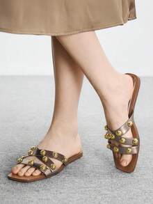 CUCCOO BIZCHIC Sandalias planas de uso diario versátiles y con diseño de remaches para mujer - Gris Oscuro - Ver 4