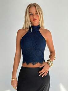 Aloruh Women's Lace Halter Backless Sexy Black Camisole - Navy Blue - View 3