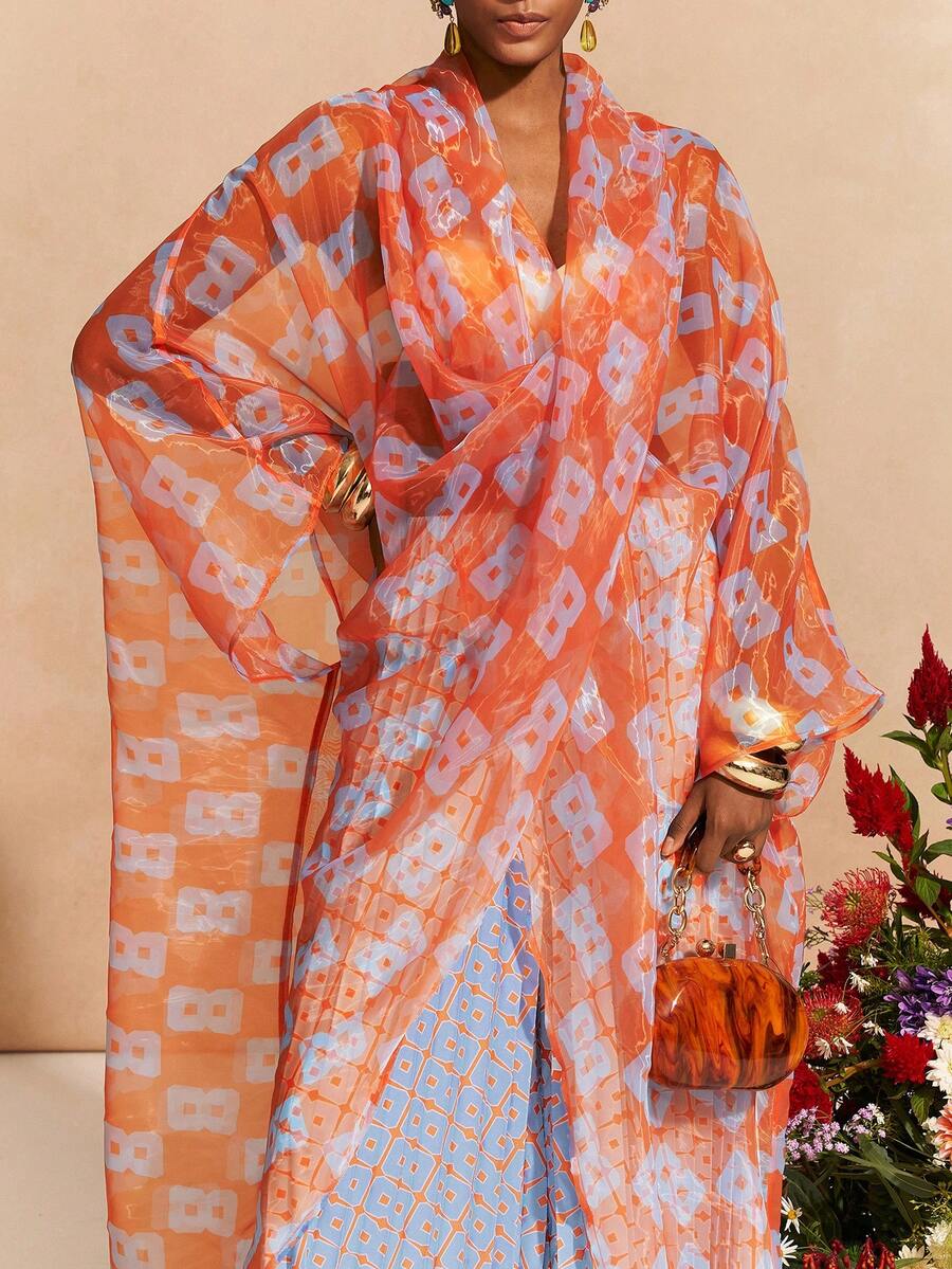 Zivah New Spring/Summer Commute Elegant Vacation Loose-Fitting All-Over Retro Print V-Neck Crossover Batwing Sleeve Top + Pleated Retro Print Wide-Leg Pant Women Two Pieces Set, Suitable For Valentine's Day , Dates, Party, Gatherings, Holidays, Western Style, Vacation, Nomadic Style, Beach, Seaside, Concerts, Everyday Outings, New Year's, Revelry, Brunch Outfits, Wedding Guest Outfits, Wedding Season, Casual-B - Multicolor - View 1