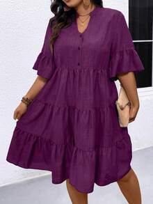 EMERY ROSE Đầm nữ cỡ lớn mùa hè, kiểu dáng đơn giản, màu trơn, cổ chữ V, tay bồng, xếp tầng, thích hợp cho đi nghỉ mát, đi làm hàng ngày. - Màu đỏ tím - Xem 3