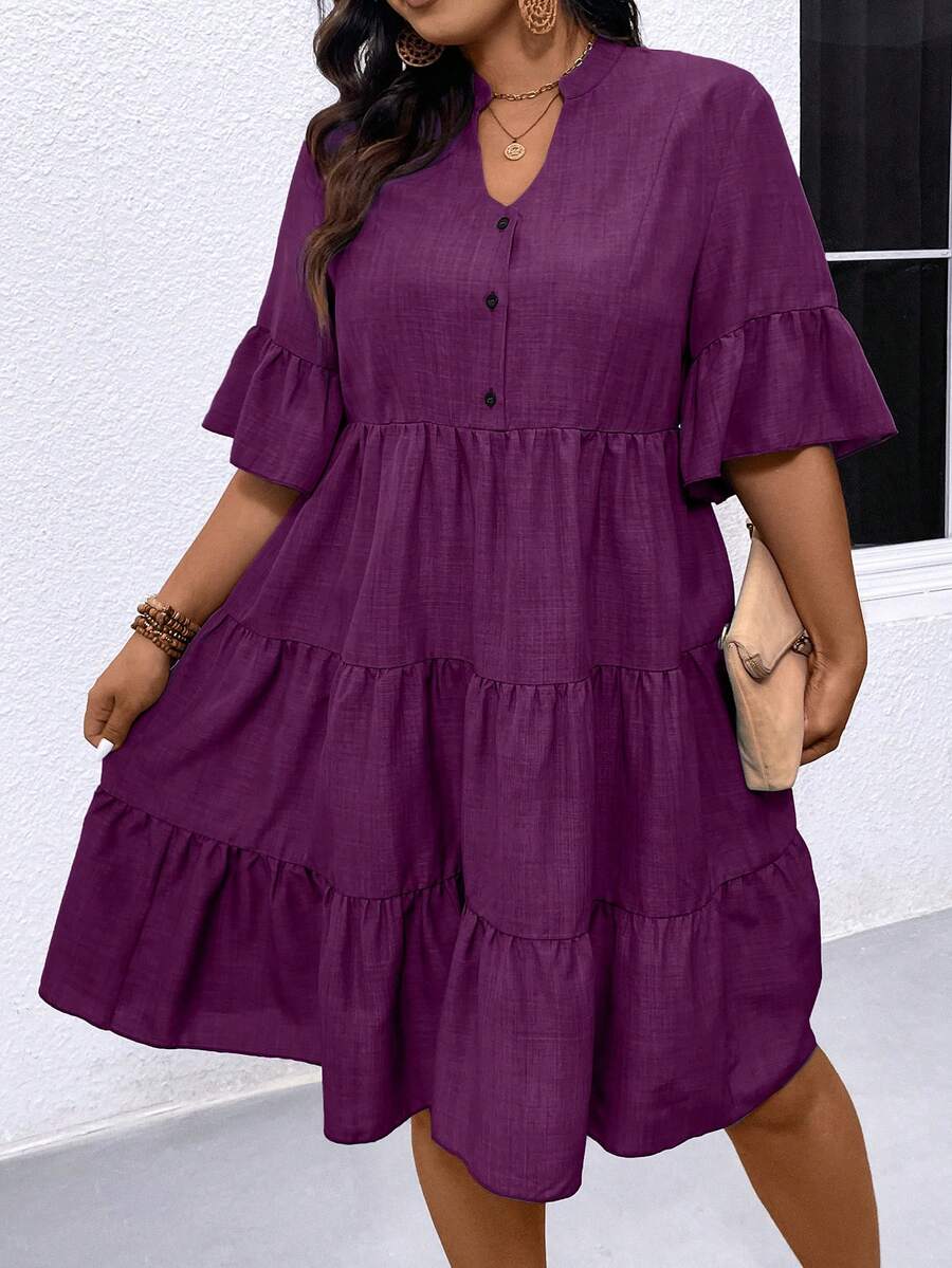 EMERY ROSE 大码女式夏季休闲度假日常通勤简约纯色V领荷叶袖层叠下摆连衣裙 - 中紫紅色 - 查看 1