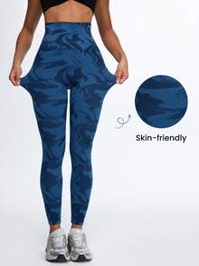 Eassivo Eassivo Women's Blue Seamless High Waist Scrunch Butt Leggings, Marble Print Stretch Yoga Pants, Tummy Control Gym Workout Activewear,Seamless High Elasticity Water Wave Pattern Leggings - Navy Blue - View 2