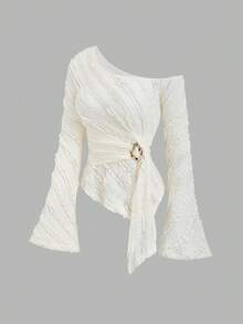 Sweetra Y2K Sexy Asymmetric Shoulder Textured Fabric Metal Buckle Pleated Asymmetrical Hem T-Shirt - Apricot - View 1