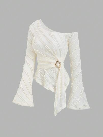 Sweetra Y2K Sexy Asymmetric Shoulder Textured Fabric Metal Buckle Pleated Asymmetrical Hem T-Shirt