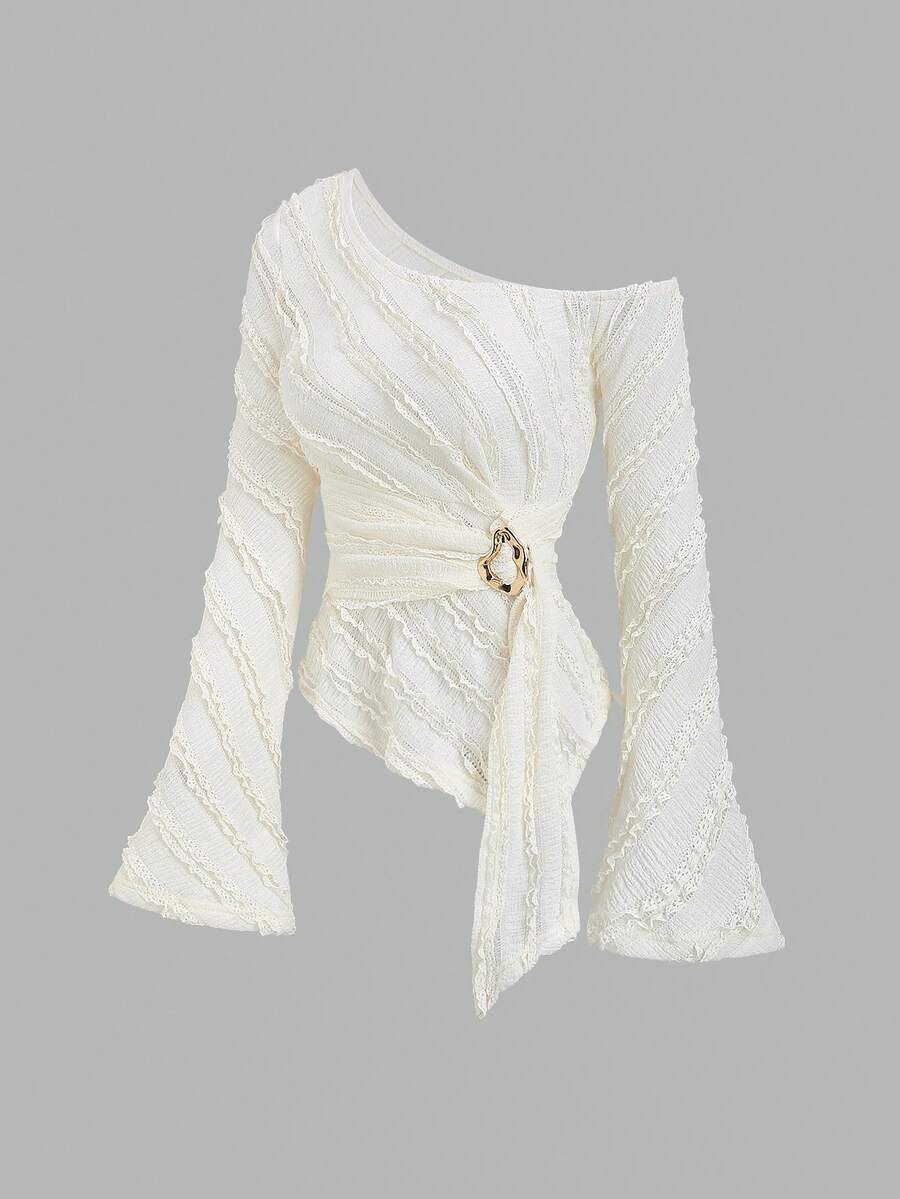 Sweetra Y2K Sexy Asymmetric Shoulder Textured Fabric Metal Buckle Pleated Asymmetrical Hem T-Shirt - Apricot - View 1