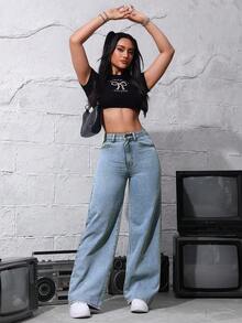 SHEIN ICON Front Button Multi-Pocket Casual Loose Jeans, Daily Wear - Light Wash - View 3