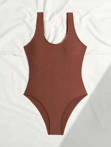 Swim Chiccia 2025 Women's Solid Color One-Piece Swimsuit For Beach Vacation Modest One Piece Swimsuit Tan Swimsuit - Coffee Brown - View 3