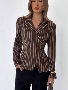 Aloruh Women's Striped Notched Collar Casual Versatile Commuting Office Long Sleeve Blazer - Brown - View 5