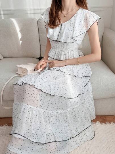 FRIFUL Vestido de verano y primavera para mujer con cintura ceñida, falda plisada con volantes y lunares en contraste de color