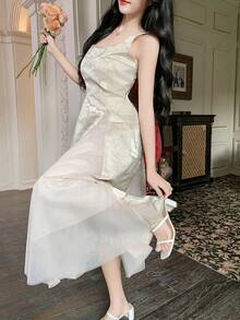 DAZY Women's Elegant Floral Patchwork Colorblock Sleeveless Midi Dress, Spring/Summer Wedding Guest Dress Sundress - Apricot - View 5