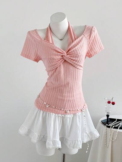 Elamini 浪漫性感V领扭结露背短袖T恤，迷人甜美纹理针织修身收腰女式上衣