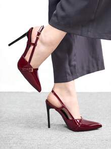 CUCCOO BIZCHIC 女士尖头露跟高跟鞋，性感细高跟户外通勤派对礼服鞋 - 酒紅色 - 查看 4