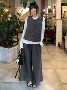DAZY 女士纯色单排扣背心和裤子休闲两件套家居服套装 - 灰色 - 查看 2