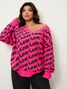 Enliva Áo len cổ chữ V tay dài họa tiết Love Graphic màu tương phản cỡ lớn, Thu/Đông - Màu Hồng Tươi - Xem 4