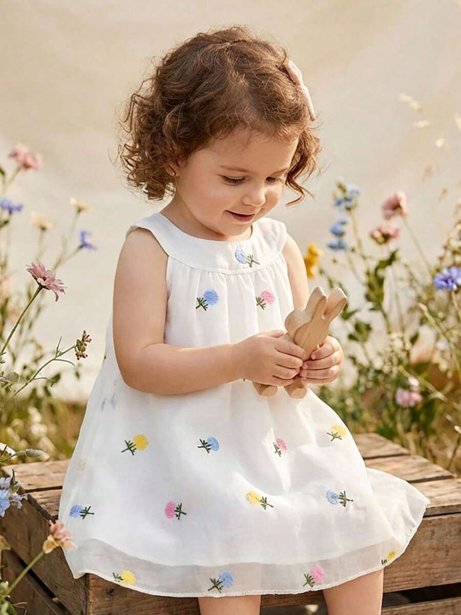 SHEIN Vintaside Kids 女婴无袖刺绣花卉连衣裙,甜美风格,优雅公主造型,适合节日和聚会 - 白色 - 查看 1