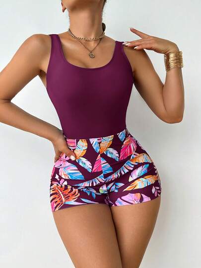 Swim Lushoire Traje de baño de una pieza con estampado de plantas tropicales, de moda casual para mujer