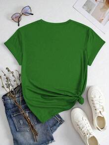 EMERY ROSE 大码女式休闲蝴蝶结装饰圆领短袖T恤，女士上衣 - 綠色 - 查看 2
