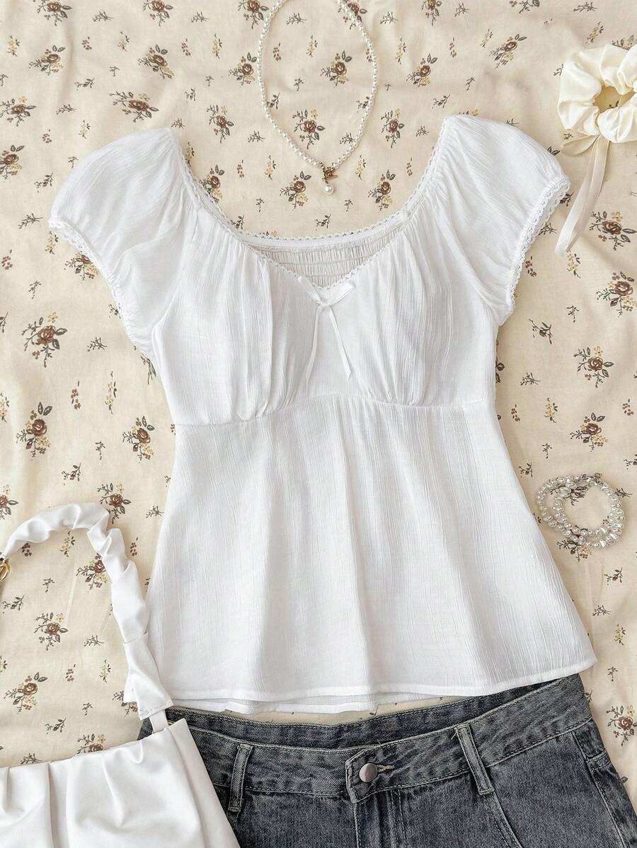 优雅纯白色休闲简约舒适露背短袖衬衫，适合夏季、度假、休闲、居家穿着，BM风格 - 白色 - 查看 1