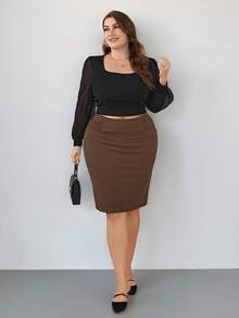 Firerie Plus Size Women Elegant Solid Color Pleated Bodycon Skirt - Khaki - View 6
