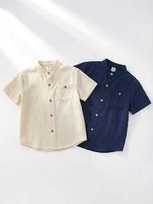 SHEIN 两件装男童休闲韩版纯色翻领宽松衬衫，两种颜色可选，每款可买一套或两套，适合上学、居家、度假、运动穿着，适合春夏季节，买一送一，两件超值优惠，送礼佳品。 - 彩色 - 查看 3