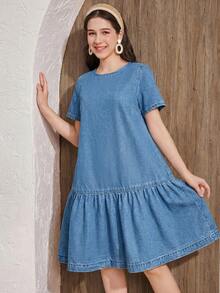 SHEIN 少女宽松系带牛仔连衣裙，蓝色 - 中等水洗藍 - 查看 3