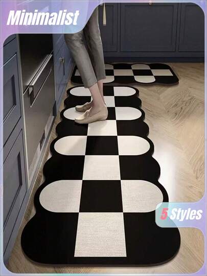 SHEIN 1pc Silicone Bathroom/Kitchen Mat, Black & White Patchwork Pattern, Lightweight, Cushioned, Anti-Fatigue, Water-Absorbent, Non-Slip, Suitable For Kitchen, Bathroom, Entryway, Laundry Room, Luxury Minimalist Style