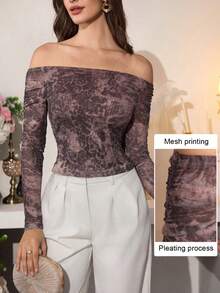 Modelyn Women's Elegant Mesh Print Off Shoulder Neck T-Shirt, Suitable For Outings And Dates, Autumn/Winter - Multicolor - View 2
