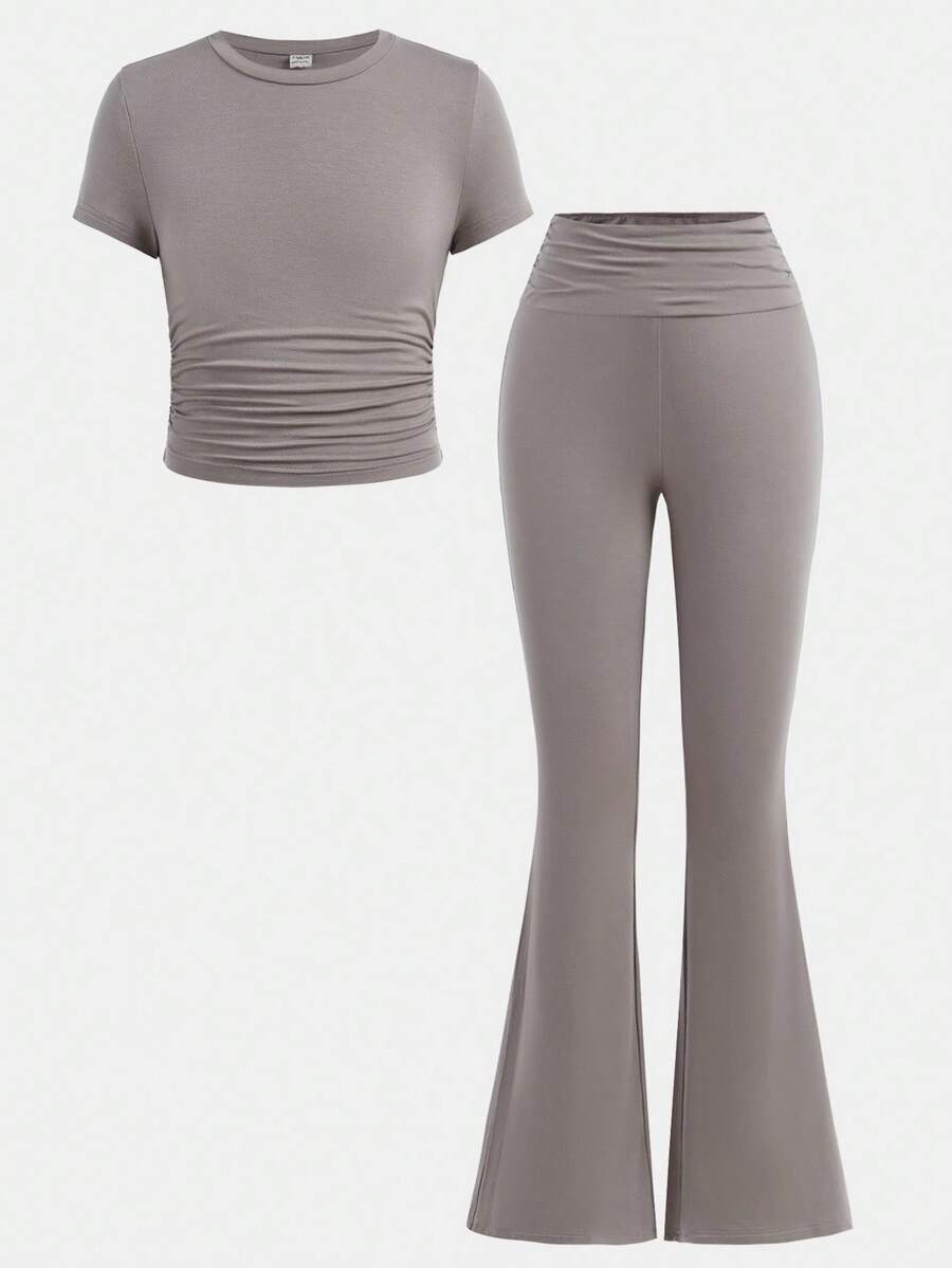 SHEIN Girlism Tween Girl Casual Everyday Fitted Ruched Crew Neck Top And Waist Ruched Flare Pants Set Clothes Set - Grey - View 1