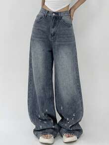 DAZY Quần jeans ống rộng dáng suông, phong cách đường phố thường ngày dành cho nữ, thích hợp cho mùa xuân/thu Y2K. - Màu xanh lam - Xem 6