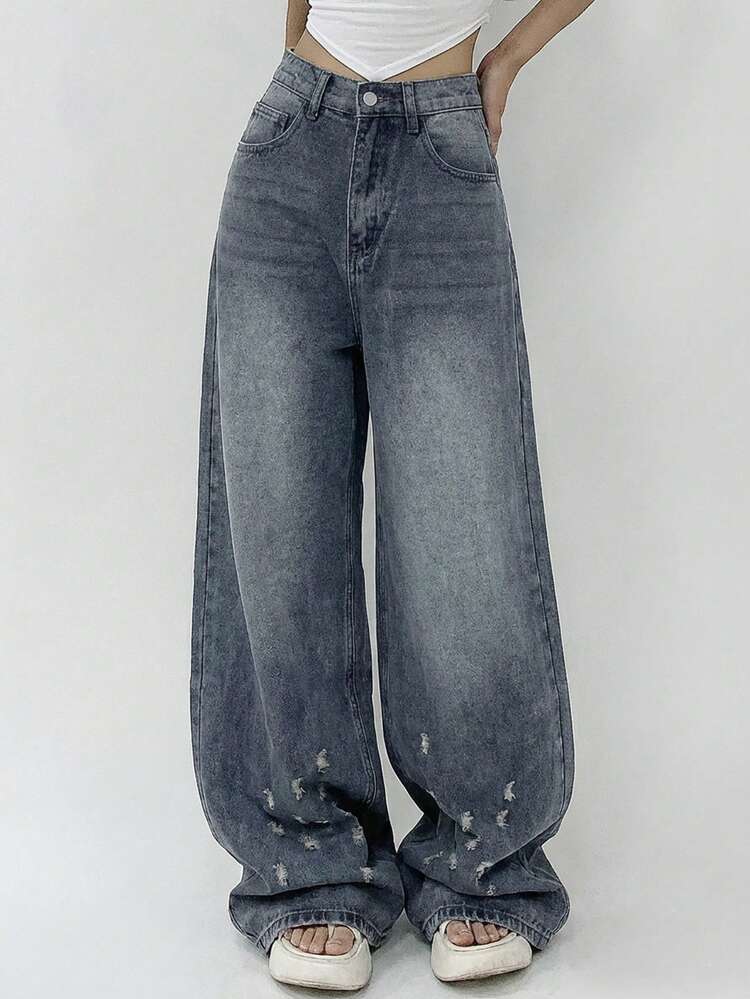Distressed Washed Loose Wide Leg Jeans, Casual Street Style For Women, Spring/Autumn Y2k