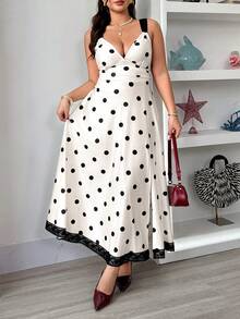 Elenzga Đầm chữ A phối ren chấm bi xẻ tà dành cho nữ cỡ lớn, trang phục thanh lịch cho kỳ nghỉ, hẹn hò và dự tiệc. - Nhiều màu - Xem 4