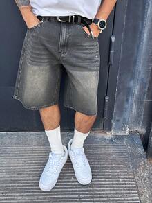 DAZY 男士水洗做旧黑色牛仔短裤，夏季 - 黑色 - 查看 6