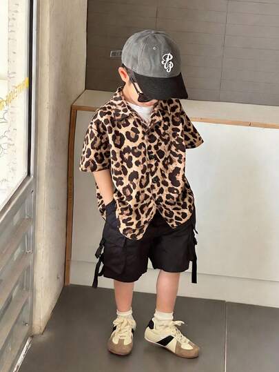 儿童/男童休闲日常舒适豹纹翻领开襟宽松短袖梭织衬衫