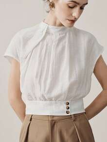 Aalyst 女士春夏休闲装，优雅时尚亚麻扭领收腰短袖衬衫，白色 - 白色 - 查看 1