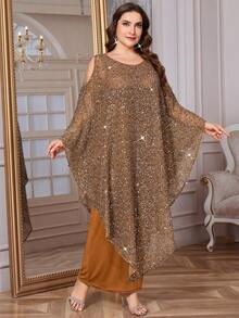 SHEIN Clasi 大码女式纯色圆领露肩蝙蝠袖亮片优雅时尚连衣裙 - 金色 - 查看 8