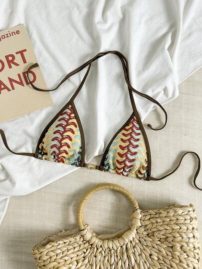 Swim Vcay Spring/Summer Jacquard Knit Triangle Wireless Halter Women Sexy Swimwear Top For Beach Vacation