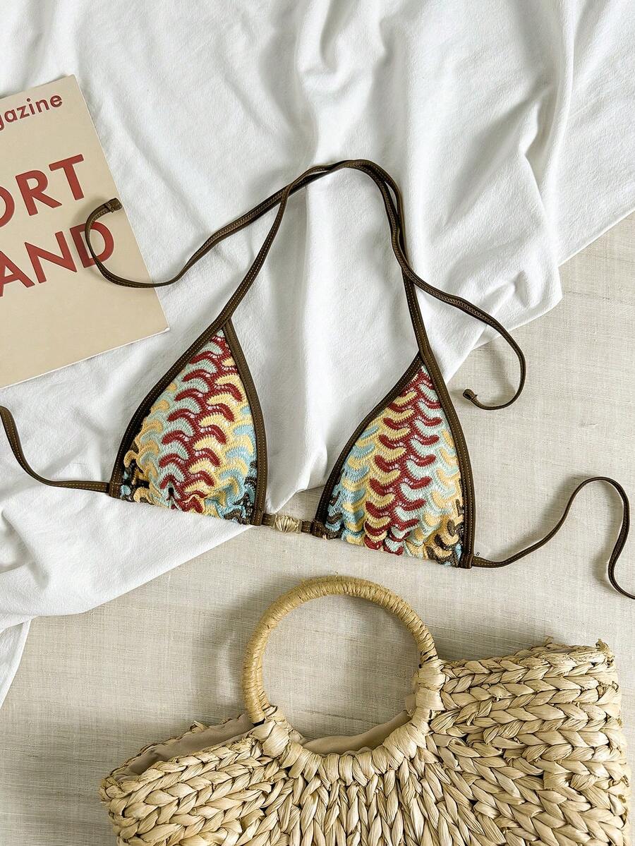 Swim Vcay Spring/Summer Jacquard Knit Triangle Wireless Halter Women Sexy Swimwear Top For Beach Vacation - Multicolor - View 1