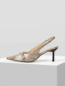 Mnmlis Snake Skin Embossed Metal Buckle Sandals, Pointed Toe Chunky Heel Design, French Retro Niche High-End Shoes - snake pattern - View 6