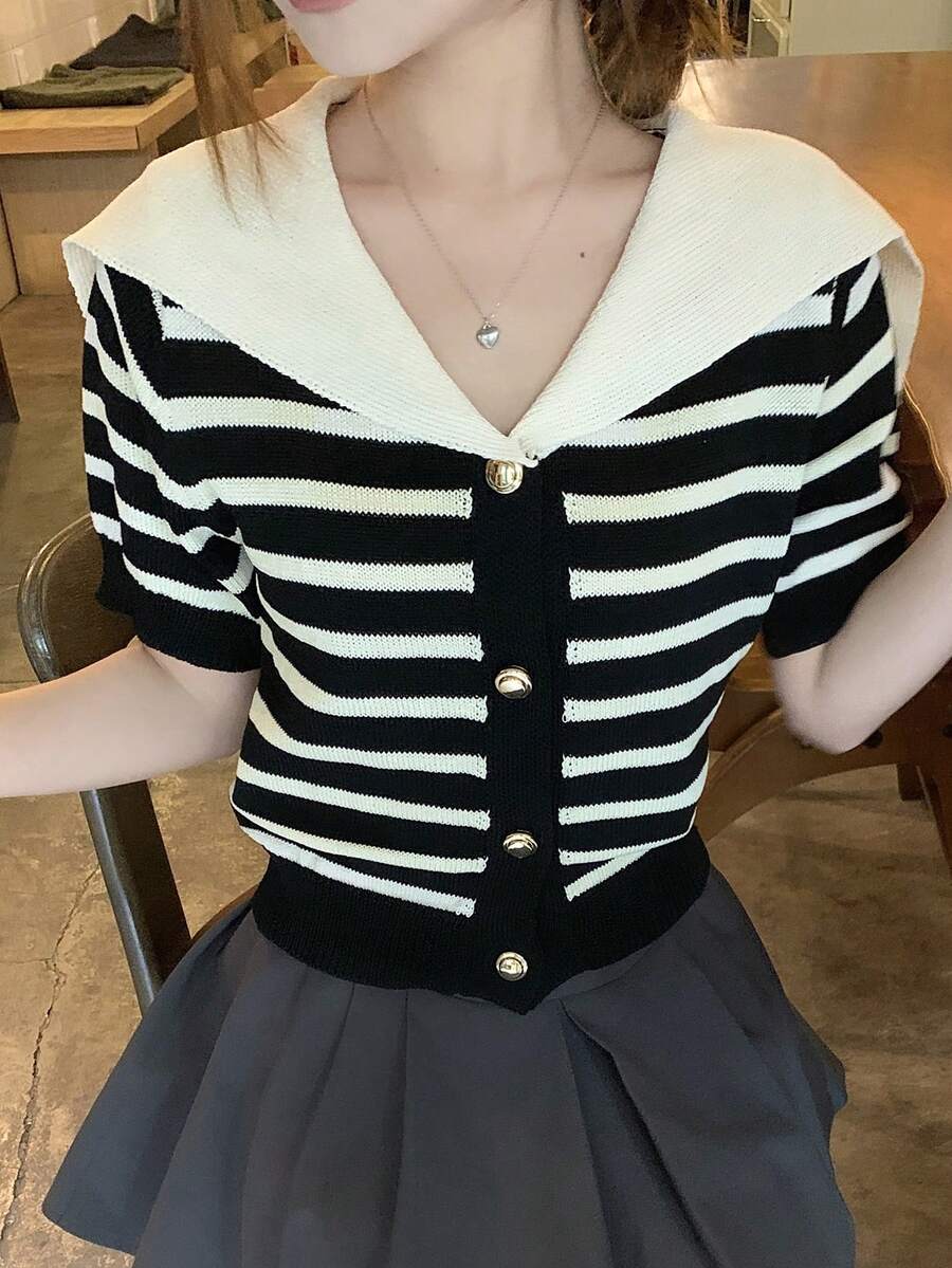 DAZY 女士优雅撞色条纹翻领针织上衣，夏季 - 黑色 - 查看 1