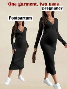 SHEIN Solid Color V-Neck Twist Knot Long Sleeve Bodycon Split Maternity Dress - Black - View 4