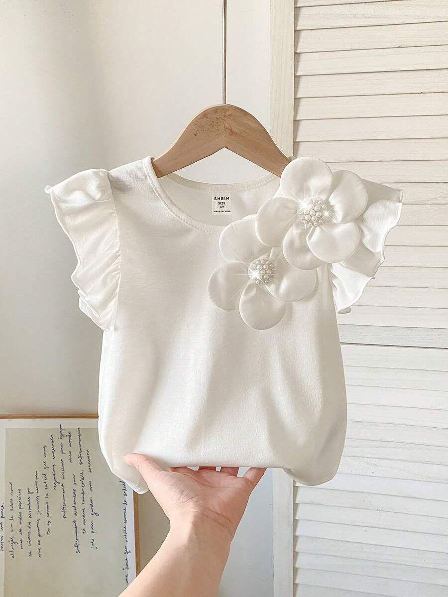 SHEIN 少女纯色荷叶边立体花卉休闲衬衫,可爱花朵设计 - 白色 - 查看 1